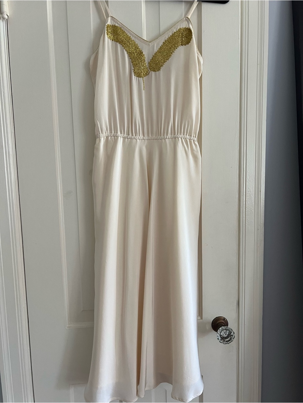 Barneys New York CO-OP Cream Midi Dress with Gold Beaded Detail